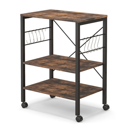 3-Tier Kitchen Baker's Rack Microwave Oven Storage Cart with Hooks, Rustic Brown