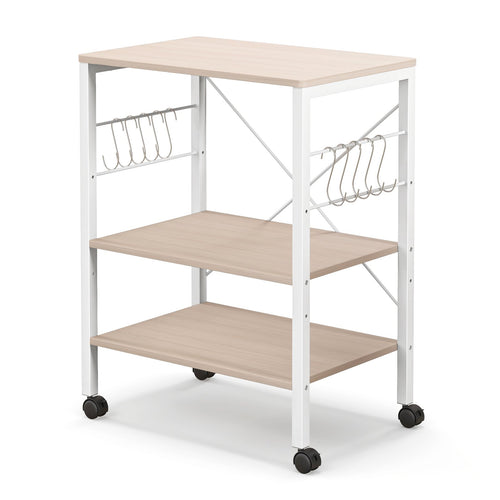 3-Tier Kitchen Baker's Rack Microwave Oven Storage Cart with Hooks, Light Brown