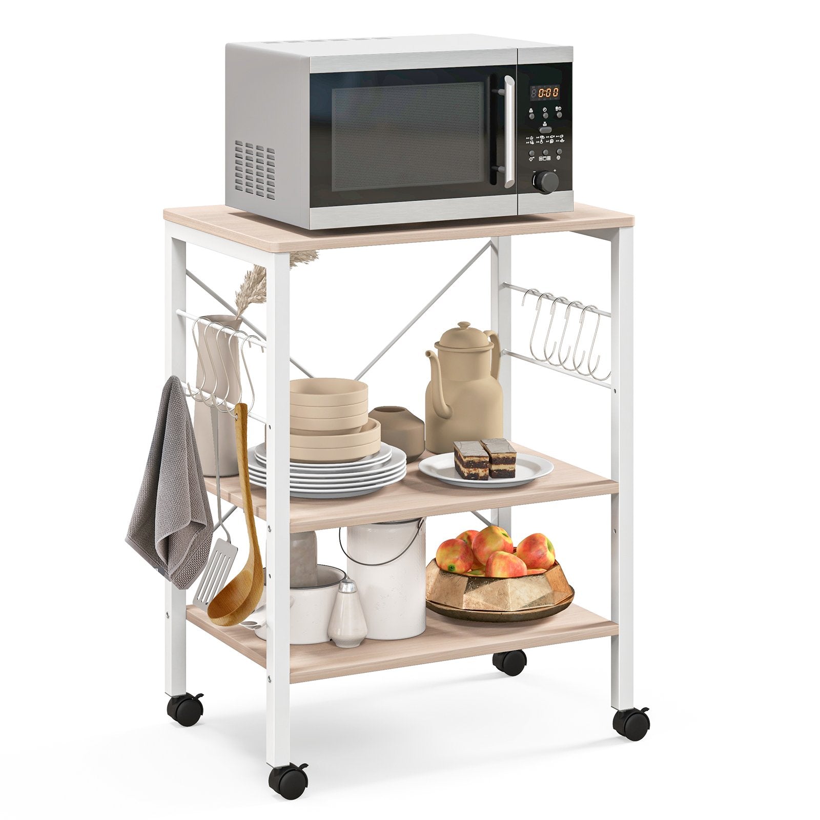 3-Tier Kitchen Baker's Rack Microwave Oven Storage Cart with Hooks, Light Brown at Gallery Canada
