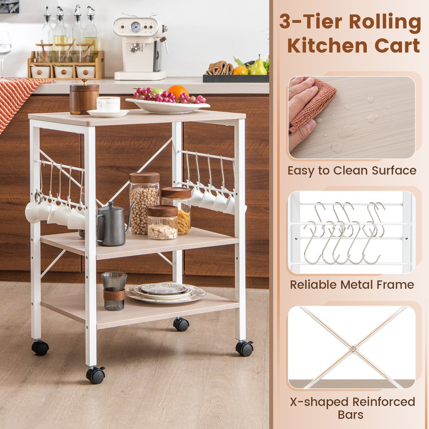3-Tier Kitchen Baker's Rack Microwave Oven Storage Cart with Hooks, Light Brown at Gallery Canada