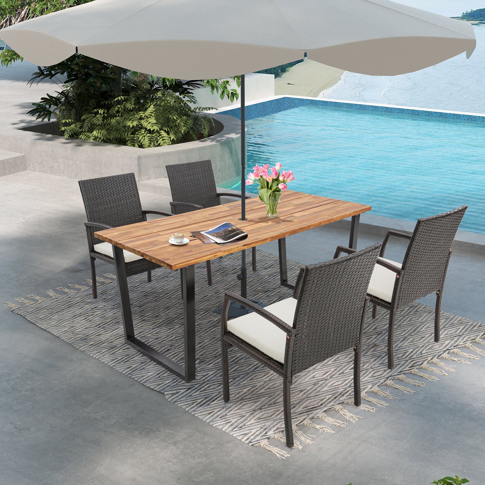 6-Person Acacia Wood Outdoor Dining Table with 2 Inch Umbrella Hole, Natural Patio Dining Tables at Gallery Canada