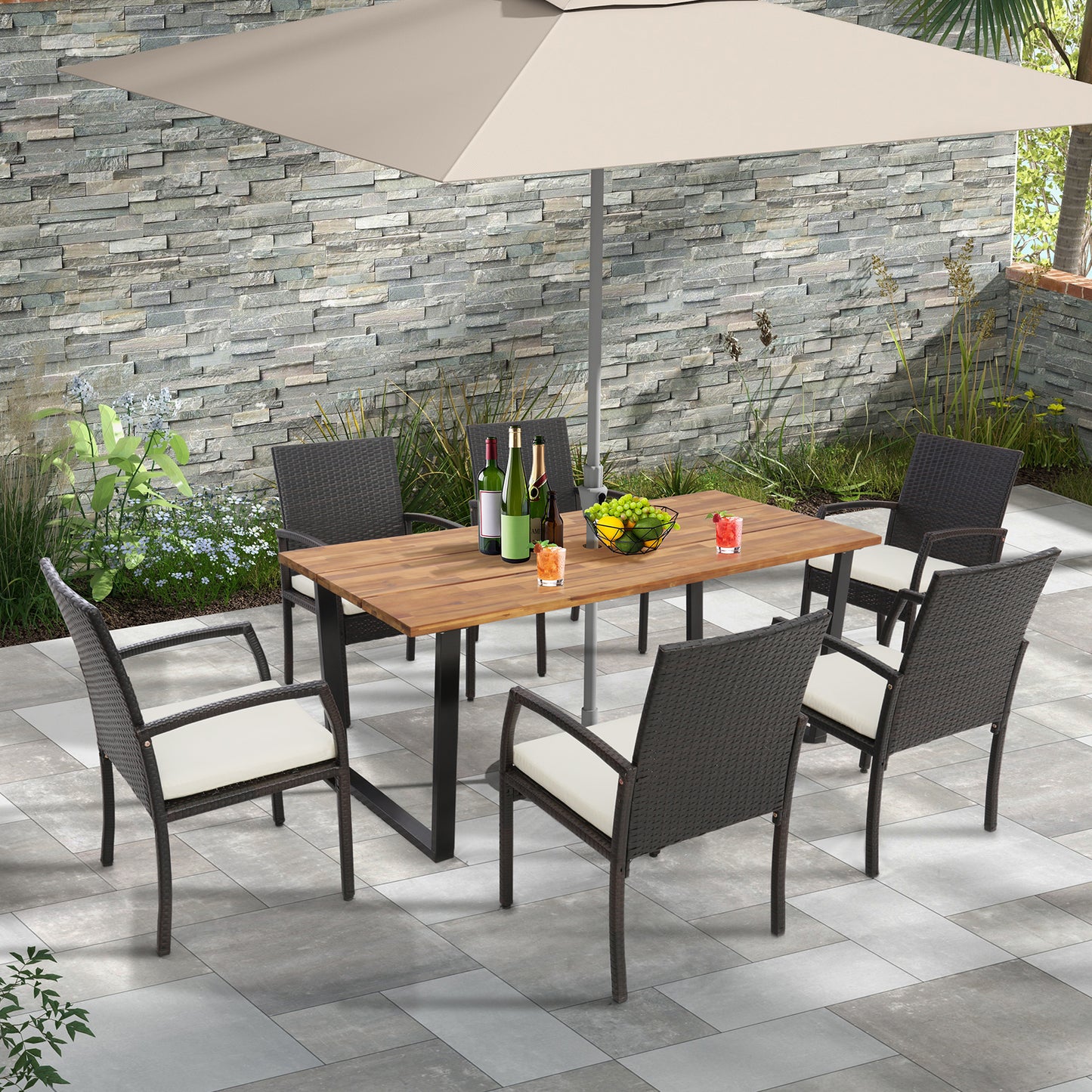 6-Person Acacia Wood Outdoor Dining Table with 2 Inch Umbrella Hole, Natural Patio Dining Tables at Gallery Canada
