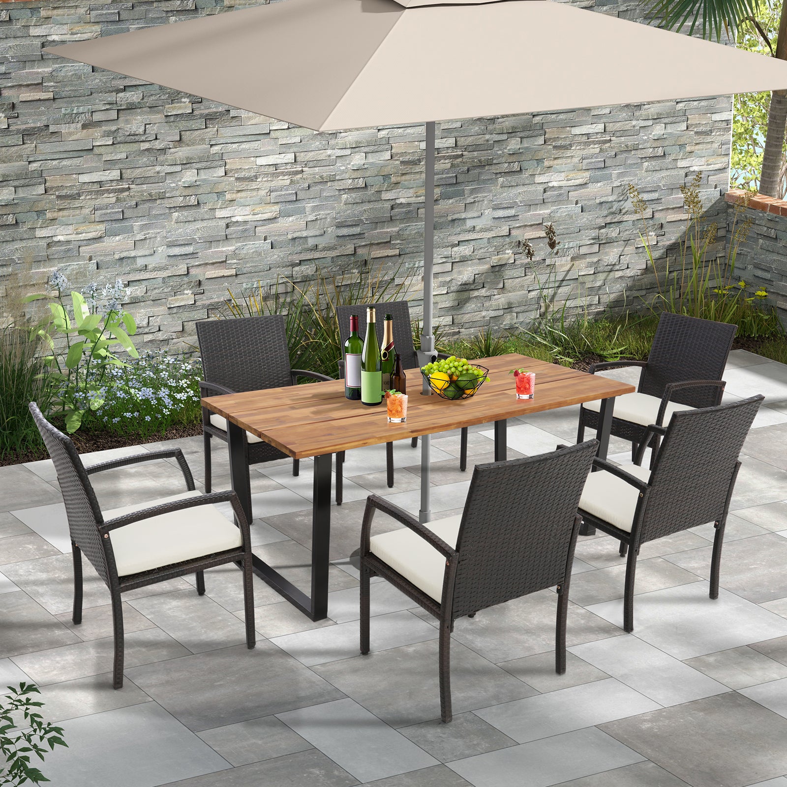 6-Person Acacia Wood Outdoor Dining Table with 2 Inch Umbrella Hole, Natural Patio Dining Tables at Gallery Canada