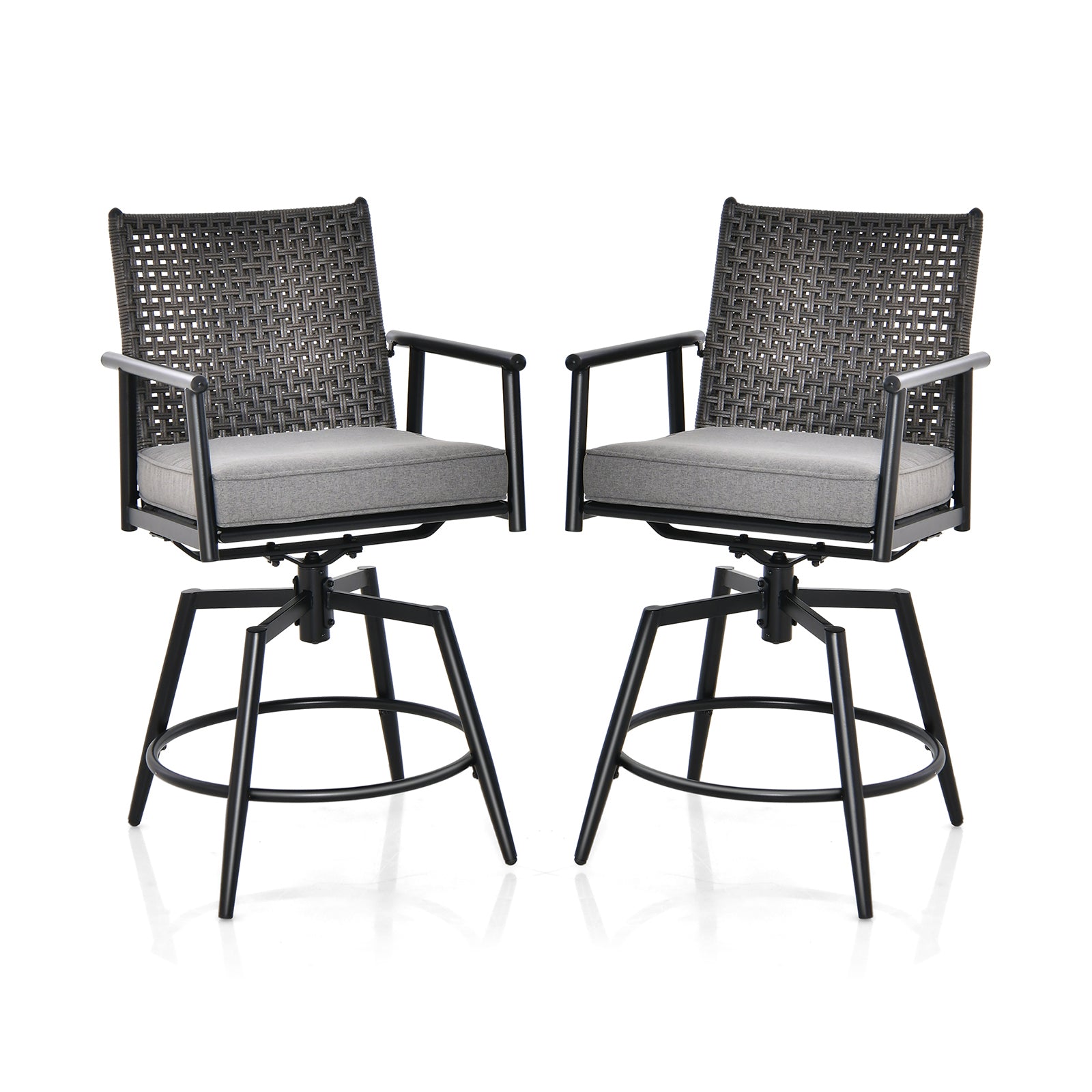 360 Degree Swivel Bar Stool Set of 2 with Metal Frame and PE Rattan Backrest, Black Patio Bar Furniture Black at Gallery Canada