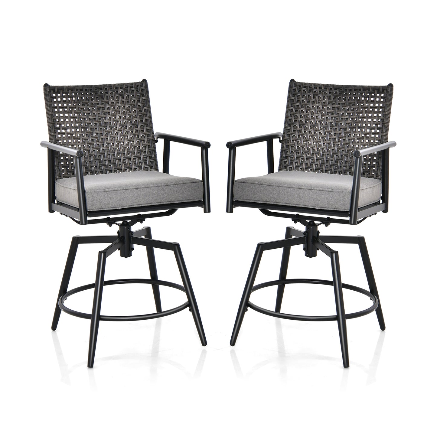 360 Degree Swivel Bar Stool Set of 2 with Metal Frame and PE Rattan Backrest, Black Patio Bar Furniture Black at Gallery Canada