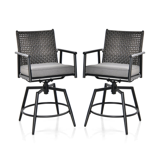 360 Degree Swivel Bar Stool Set of 2 with Metal Frame and PE Rattan Backrest, Black Patio Bar Furniture Black at Gallery Canada