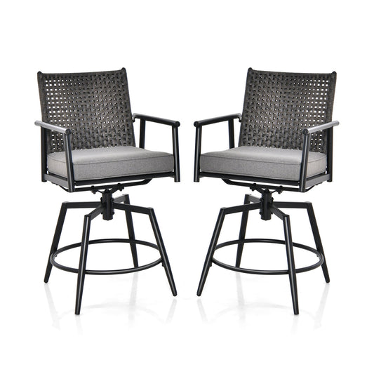360 Degree Swivel Bar Stool Set of 2 with Metal Frame and PE Rattan Backrest, Black at Gallery Canada