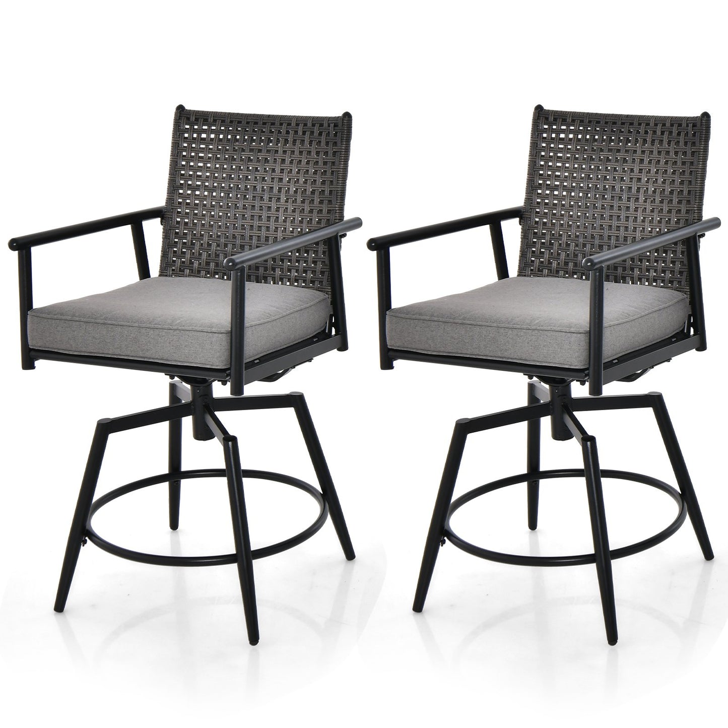 360 Degree Swivel Bar Stool Set of 2 with Metal Frame and PE Rattan Backrest, Black - Gallery Canada