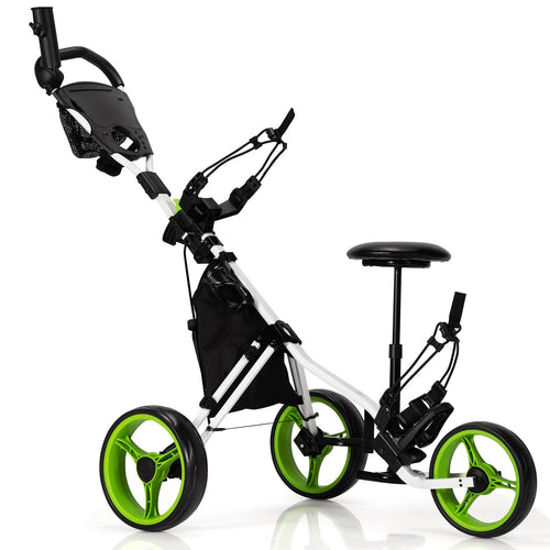 3 Wheels Folding Golf Push Cart with Seat Scoreboard and Adjustable Handle, Green