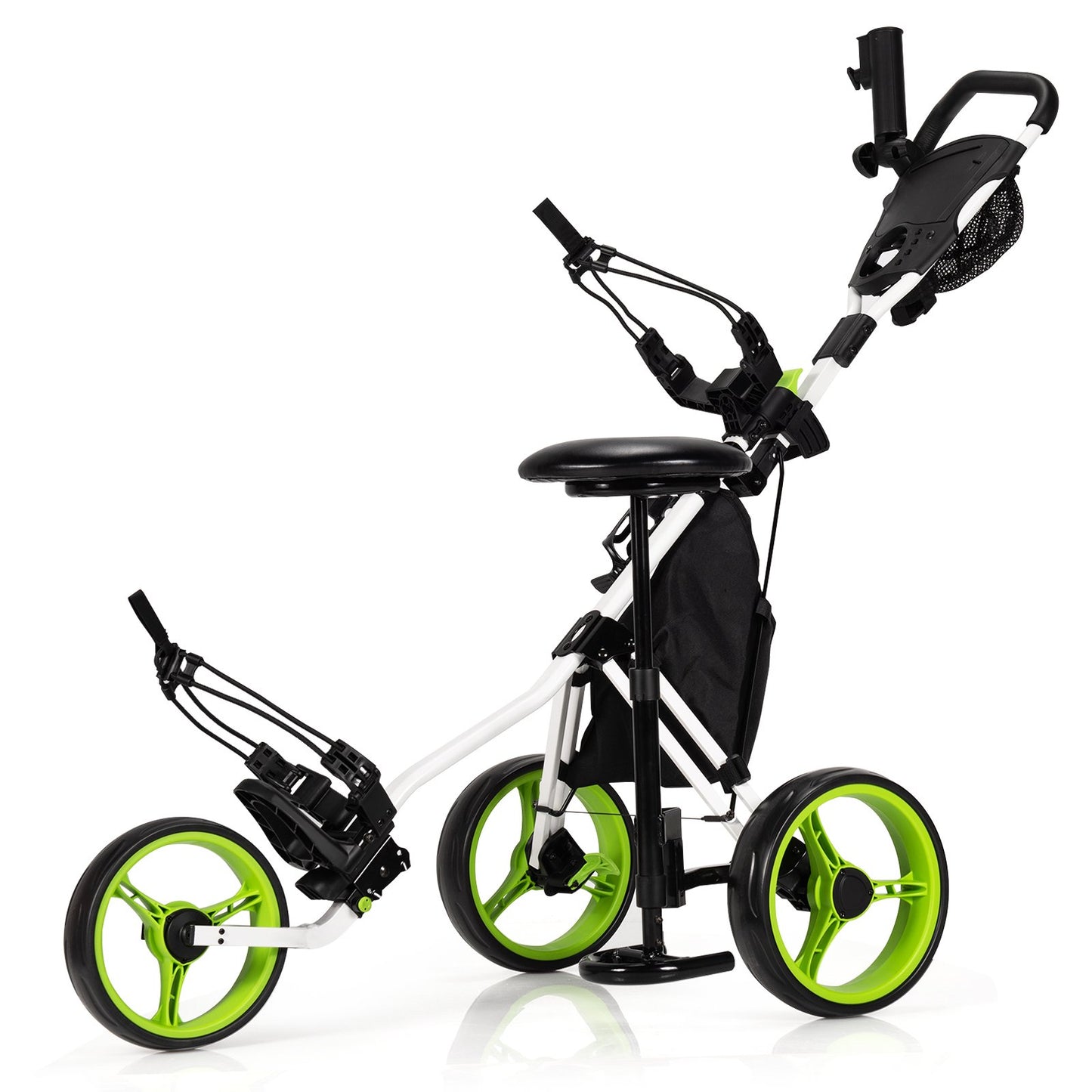 3 Wheels Folding Golf Push Cart with Seat Scoreboard and Adjustable Handle, Green - Gallery Canada