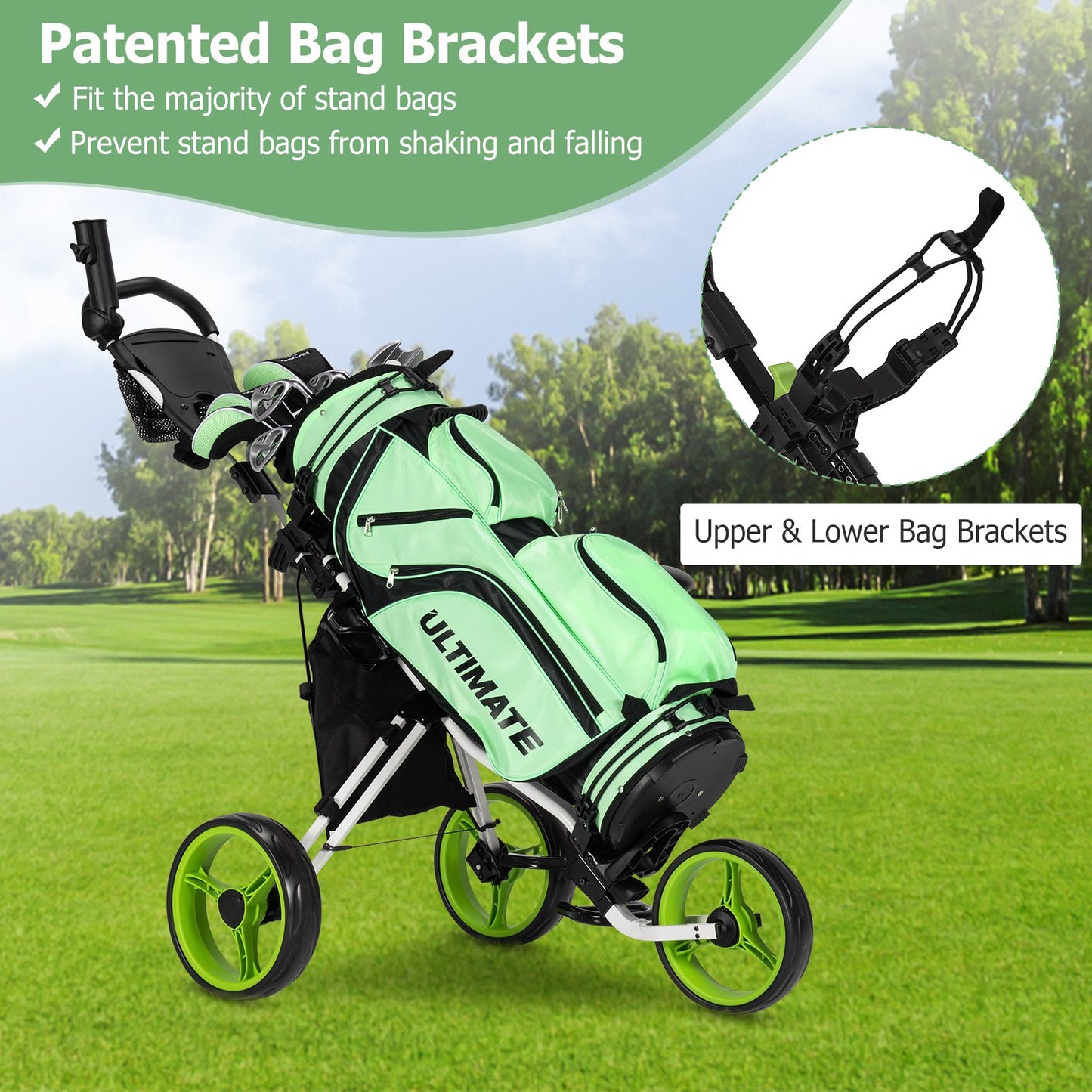 3 Wheels Folding Golf Push Cart with Seat Scoreboard and Adjustable Handle, Green - Gallery Canada
