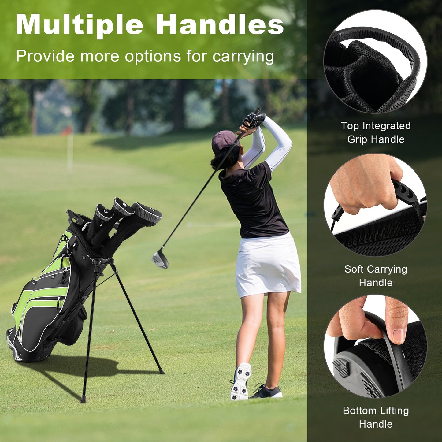 Golf Stand Cart Bag with 6 Way Divider Carry Pockets, Green - Gallery Canada