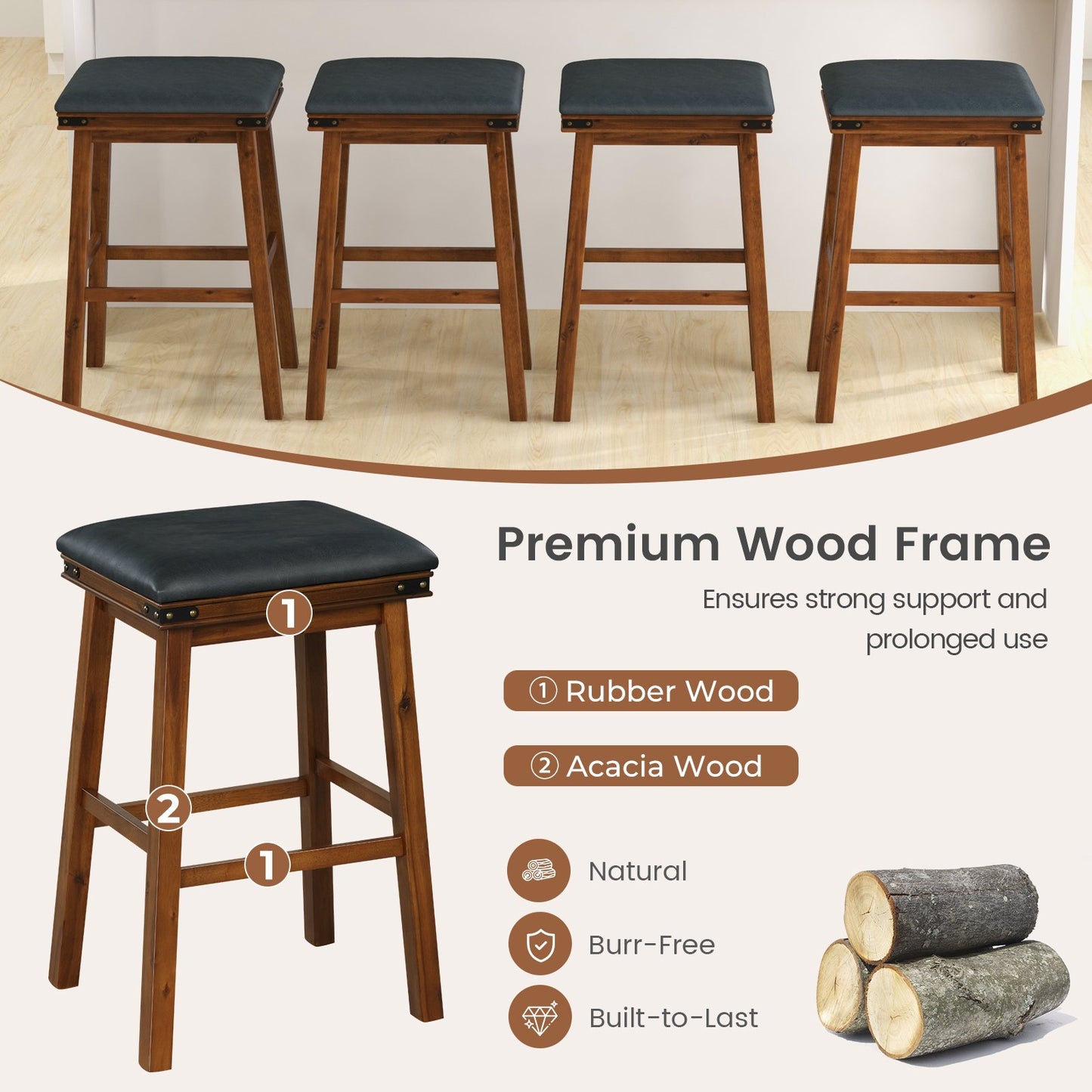 Set of 2 24/30 Inch Dining Bar Stool with Rubber Wood-30 inches, Brown - Gallery Canada