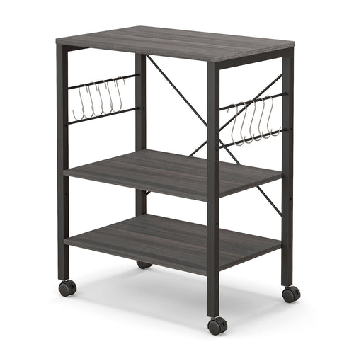3-Tier Kitchen Baker's Rack Microwave Oven Storage Cart with Hooks, Charcoal Brown