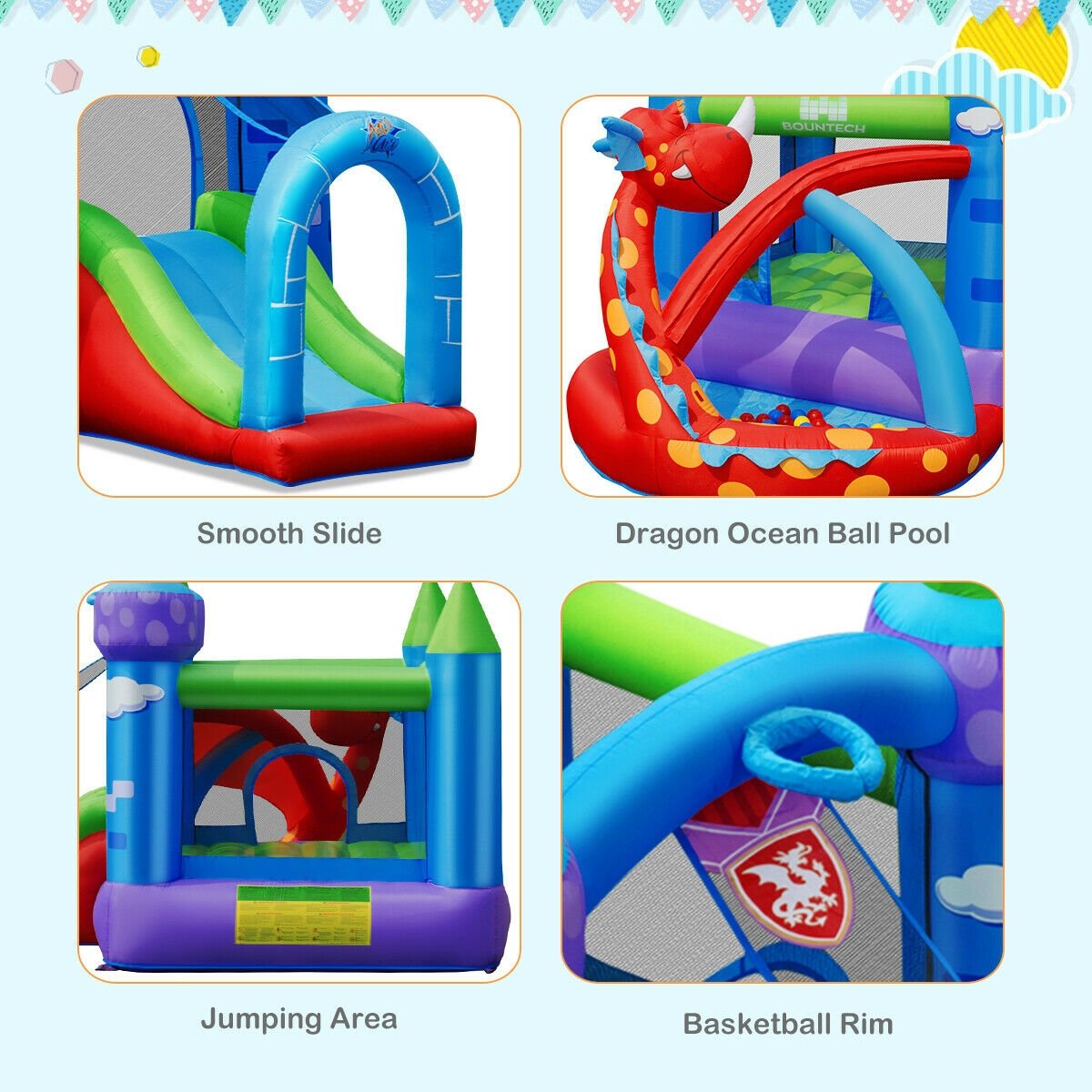 Kids Inflatable Bounce House Dragon Jumping Slide Bouncer Castle with 740W Blower - Gallery Canada
