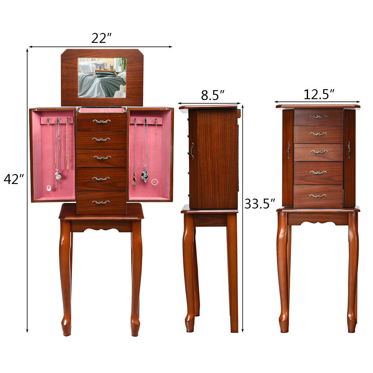Large Storage Capacity Jewelry Cabinet with 5 Drawers, Brown Jewelry Armoires at Gallery Canada