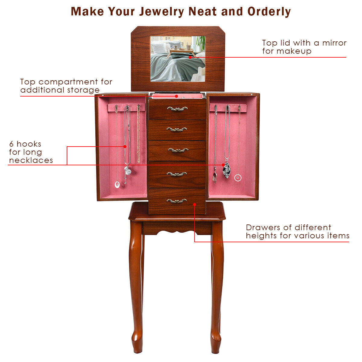Large Storage Capacity Jewelry Cabinet with 5 Drawers, Brown Jewelry Armoires at Gallery Canada