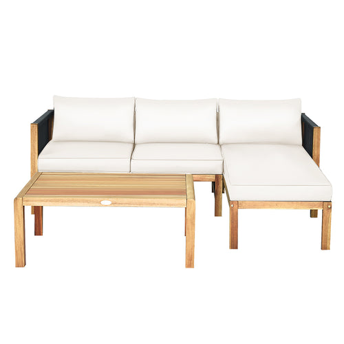 3 Piece Acacia Wood Patio Sofa Set, Nylon Rope Armrest, White