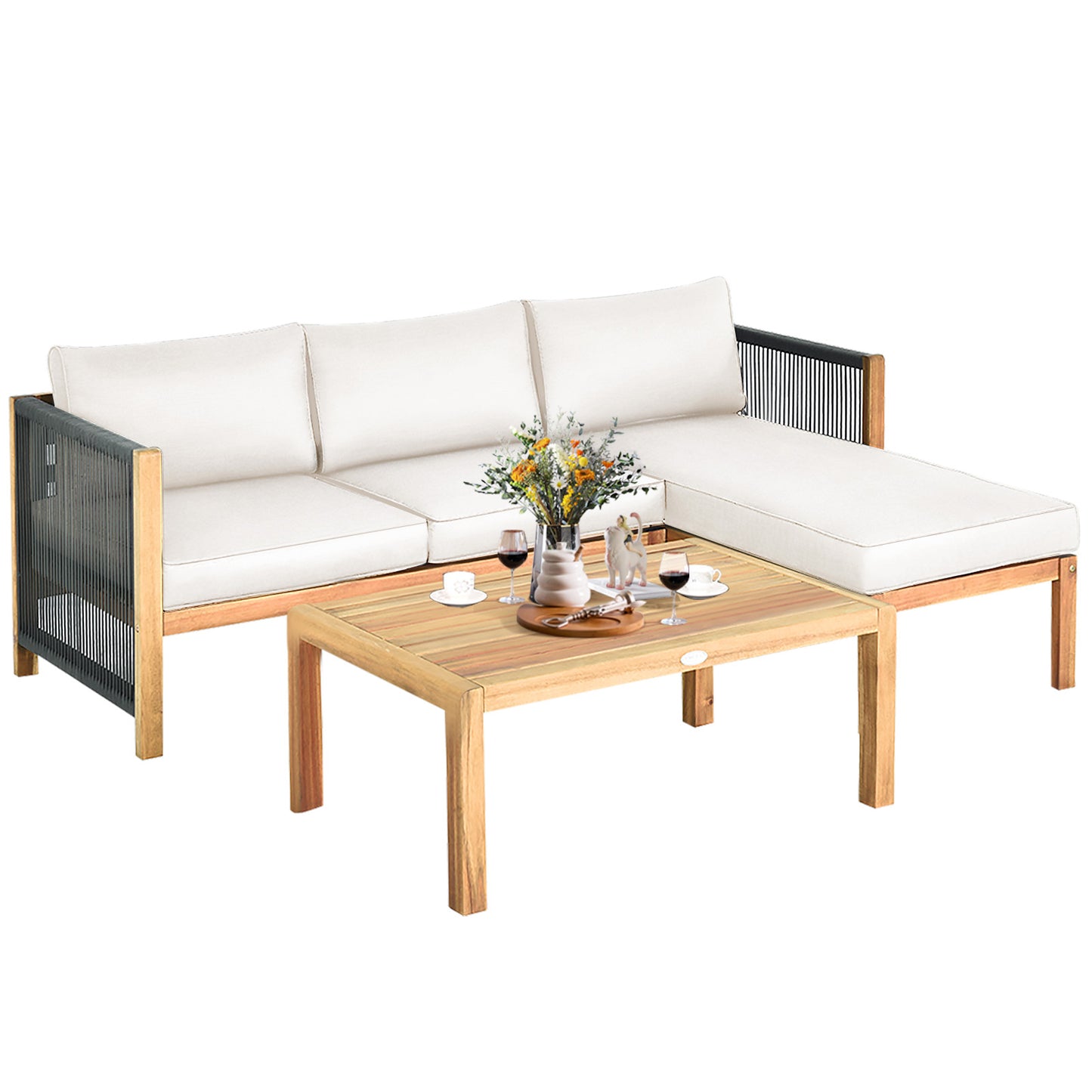3 Pieces Patio Acacia Wood Sofa Furniture Set with Nylon Rope Armrest, White Outdoor Sectionals at Gallery Canada