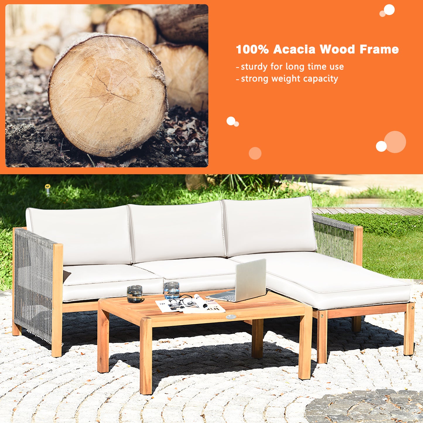 3 Pieces Patio Acacia Wood Sofa Furniture Set with Nylon Rope Armrest, White Outdoor Sectionals at Gallery Canada
