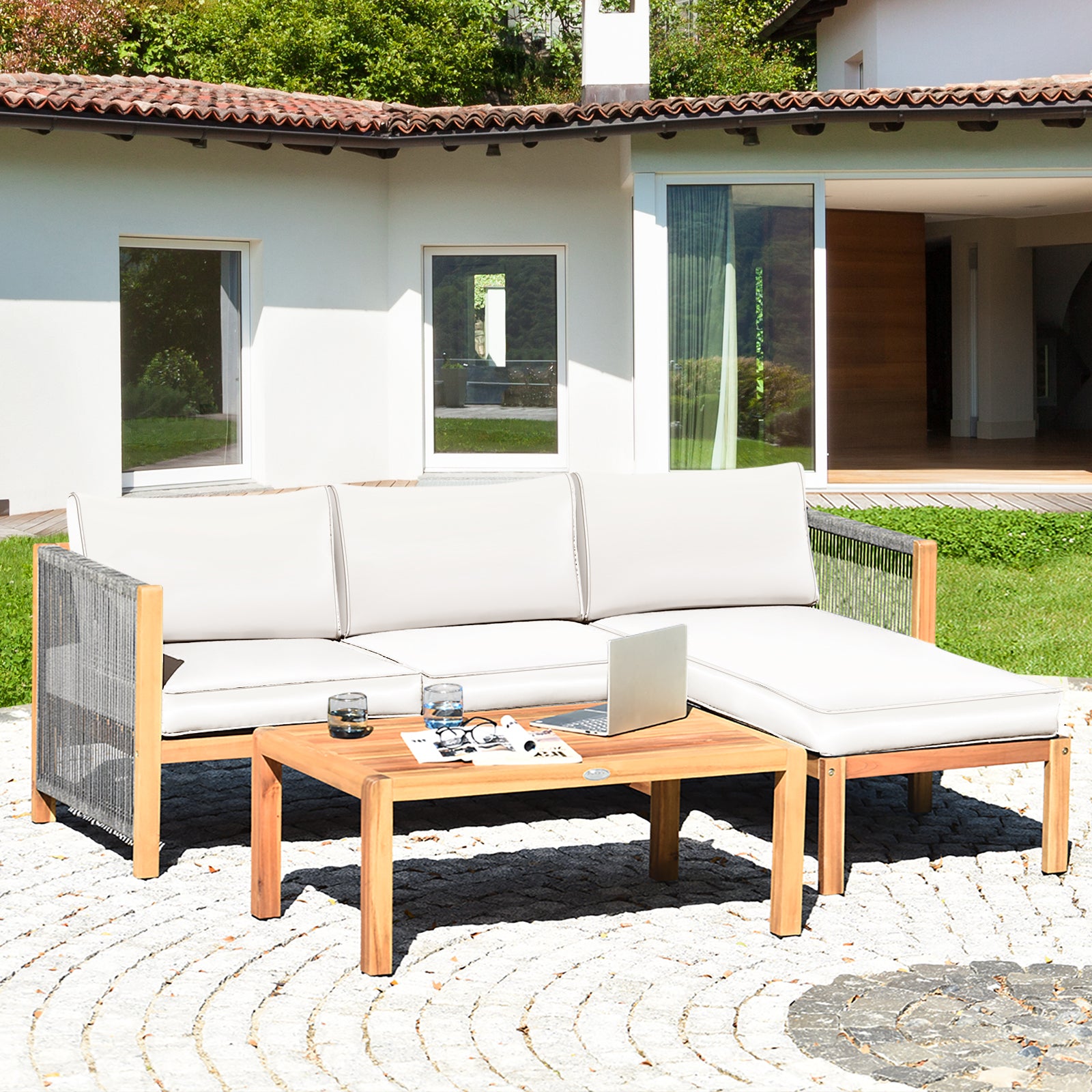 3 Pieces Patio Acacia Wood Sofa Furniture Set with Nylon Rope Armrest, White Outdoor Sectionals at Gallery Canada