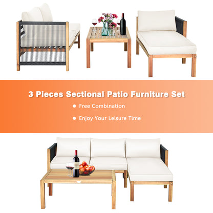 3 Pieces Patio Acacia Wood Sofa Furniture Set with Nylon Rope Armrest, White Outdoor Sectionals at Gallery Canada