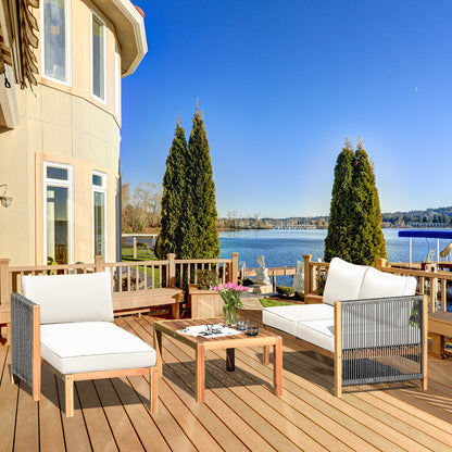 3 Pieces Patio Acacia Wood Sofa Furniture Set with Nylon Rope Armrest, White Outdoor Sectionals at Gallery Canada