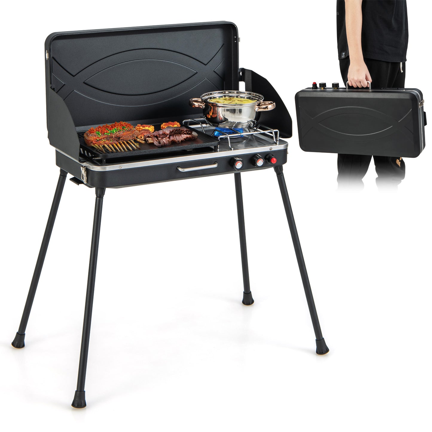 2-in-1 Gas Camping Grill and Stove with Detachable Legs, Black Outdoor Grills Black at Gallery Canada