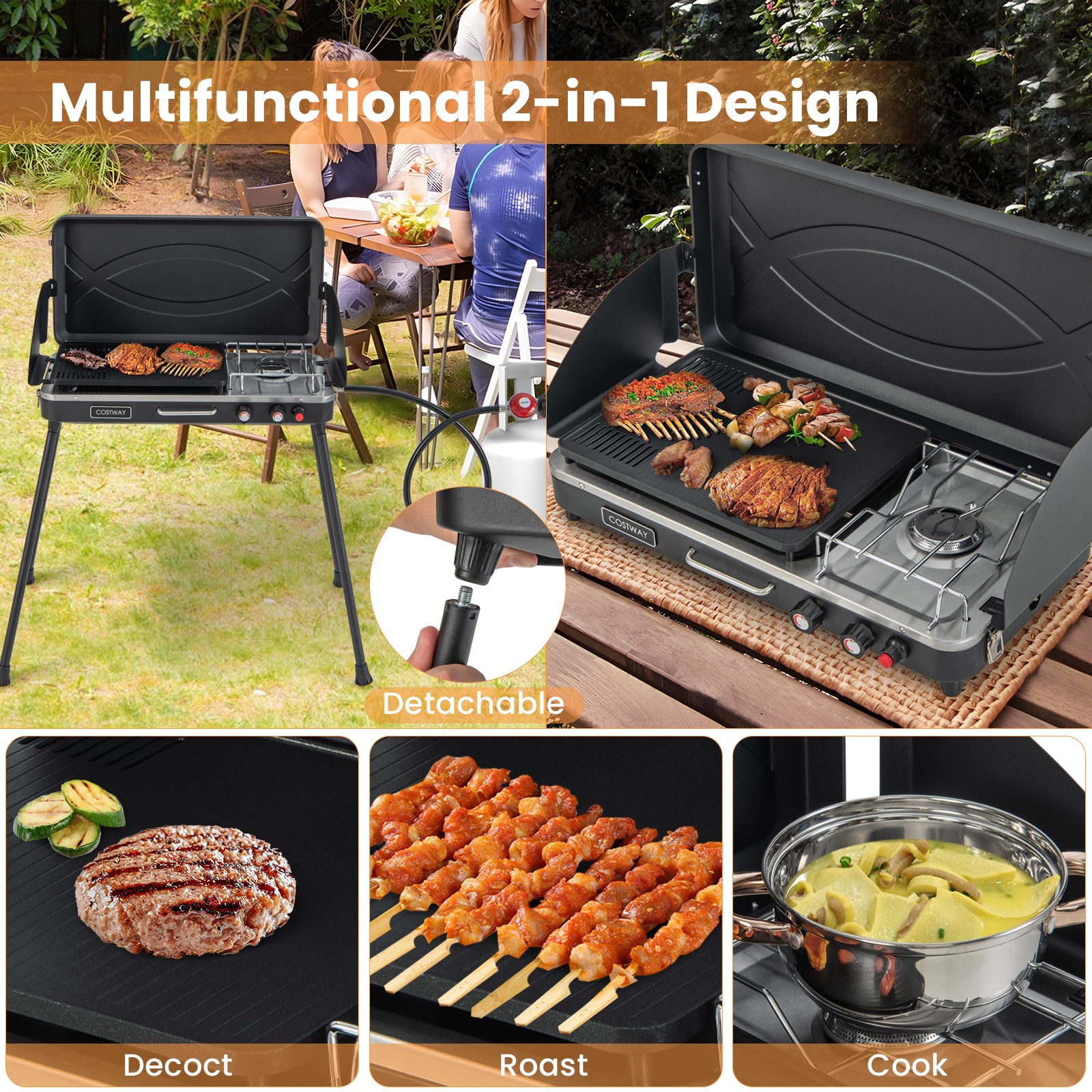 2-in-1 Gas Camping Grill and Stove with Detachable Legs, Black Outdoor Grills at Gallery Canada