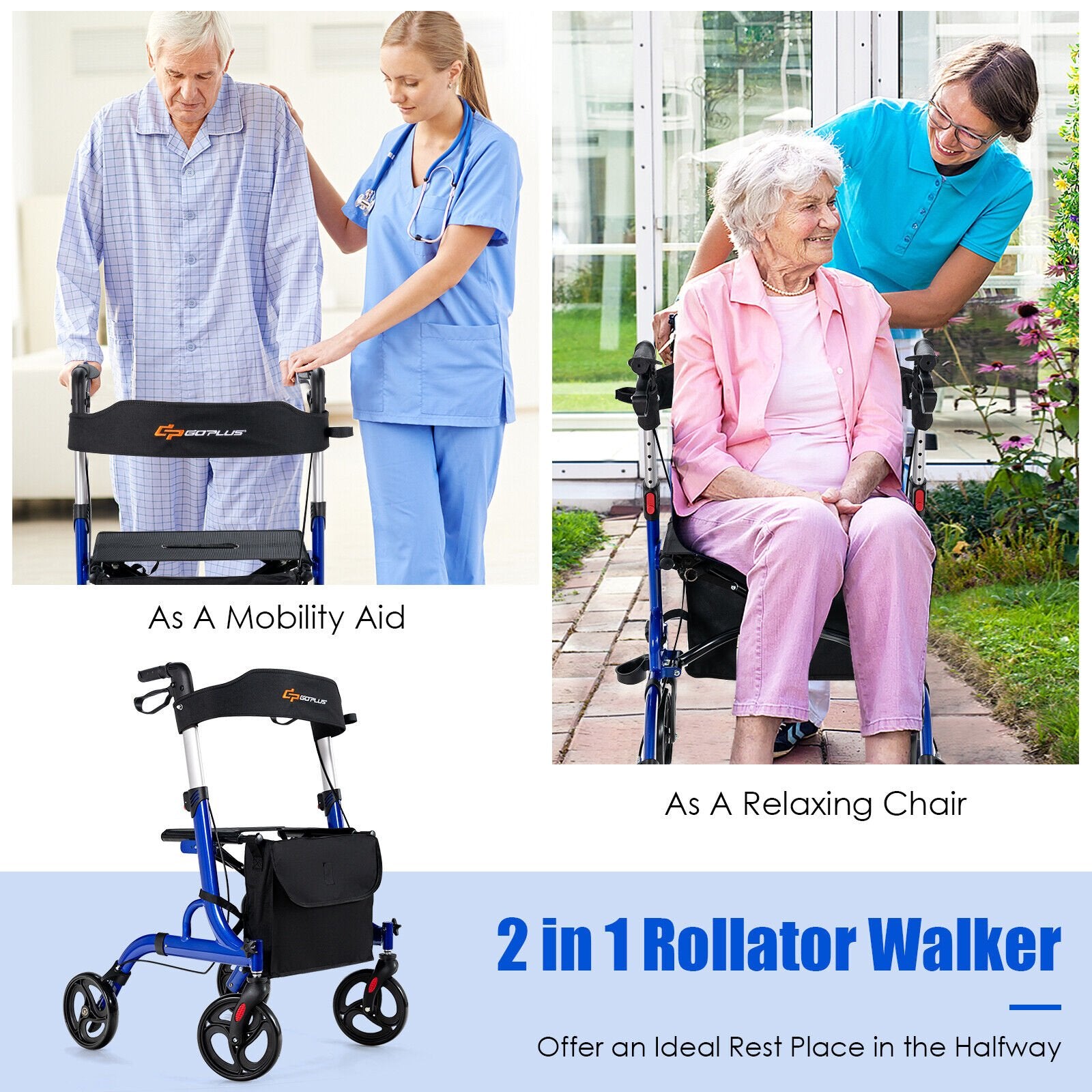 Folding Aluminum Rollator Walker with 8 inch Wheels and Seat, Blue at Gallery Canada