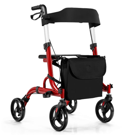 Folding Aluminum Rollator Walker with 8 inch Wheels and Seat, Red