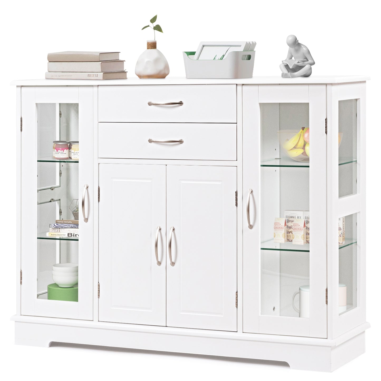Sideboard Buffet Server Storage Cabinet with 2 Drawers and Glass Doors, White Sideboards Cabinets & Buffets at Gallery Canada