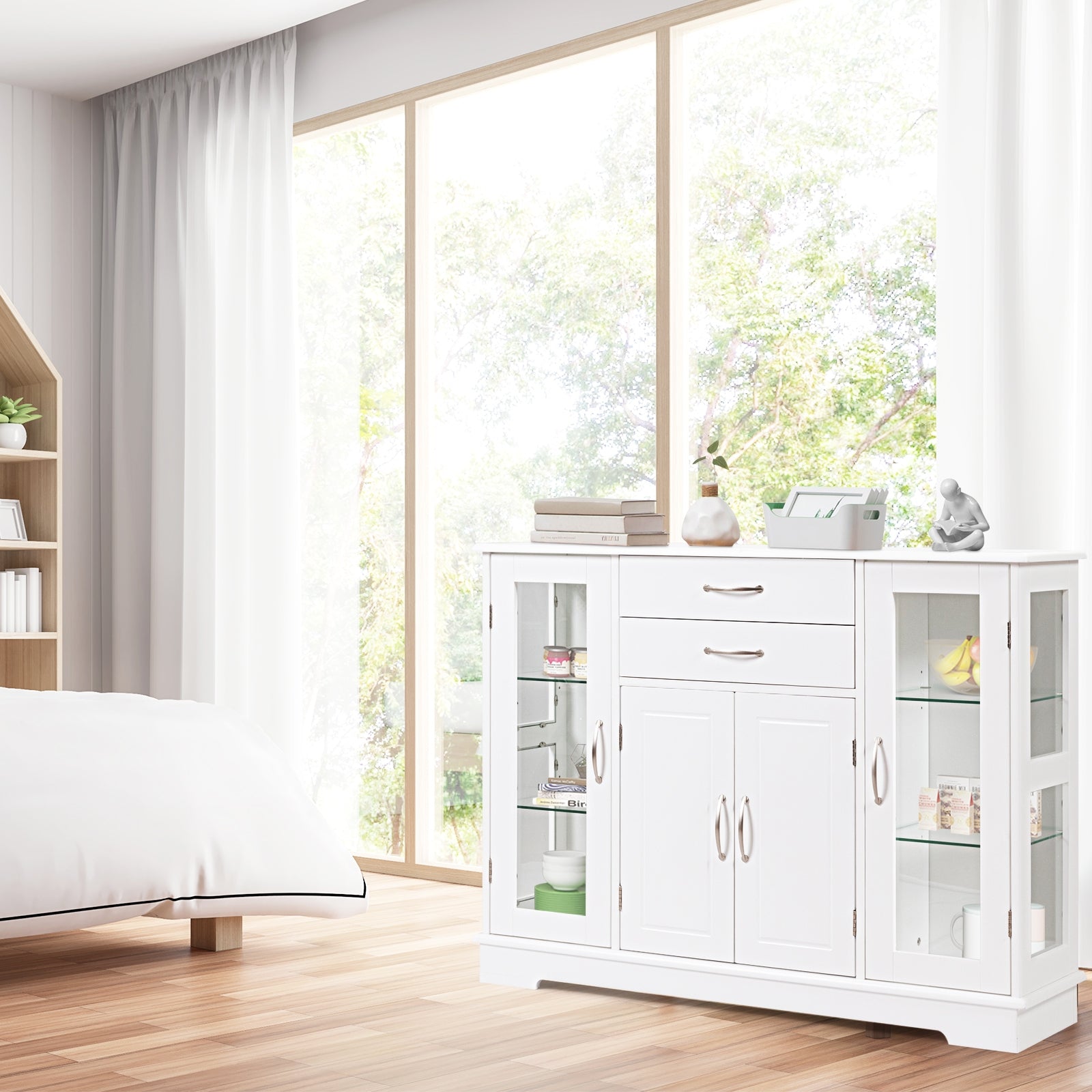 Sideboard Buffet Server Storage Cabinet with 2 Drawers and Glass Doors, White Sideboards Cabinets & Buffets at Gallery Canada