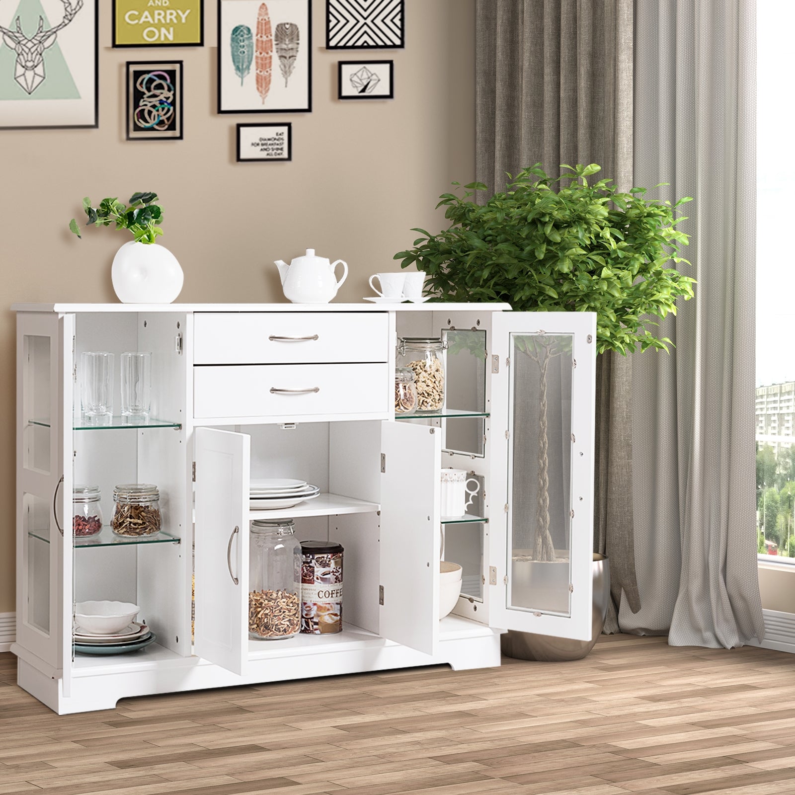 Sideboard Buffet Server Storage Cabinet with 2 Drawers and Glass Doors, White Sideboards Cabinets & Buffets at Gallery Canada