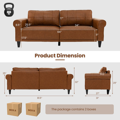 PU Leather Modern 3-Seater Sofa Couch with 2 Detachable Back Pillows, Brown