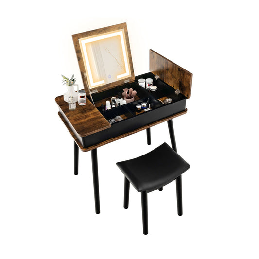 Vanity Table Set with Flip Top Mirror Lights USB Writing Desk and Stool, Brown - Gallery Canada