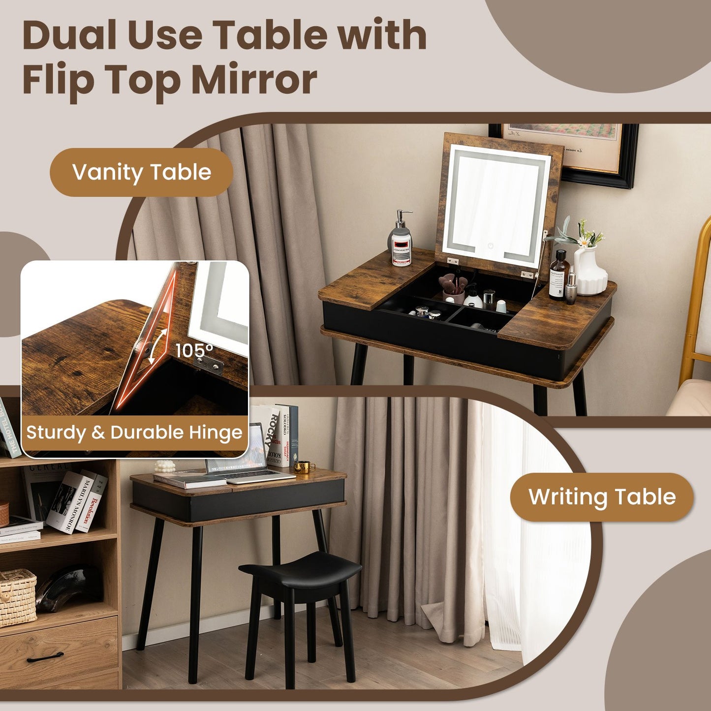 Vanity Table Set with Flip Top Mirror Lights USB Writing Desk and Stool, Brown - Gallery Canada