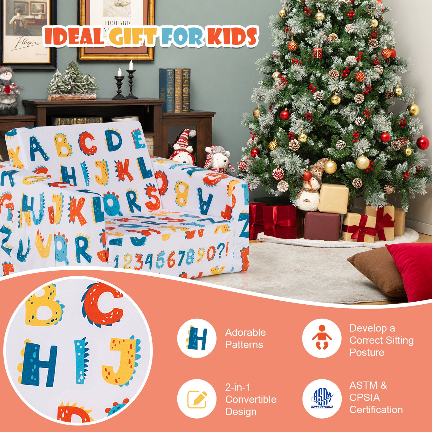 2-in-1 Convertible Kids Sofa with Velvet Fabric, Multicolor Kids Chairs & Seating at Gallery Canada