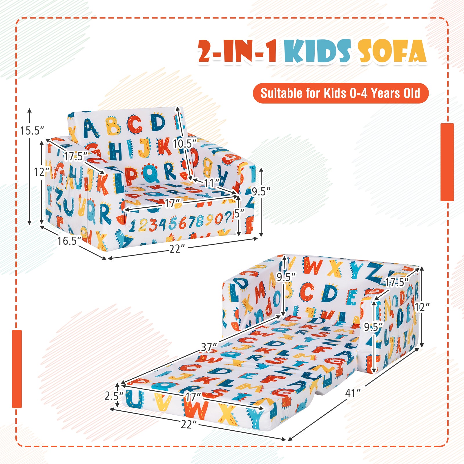 2-in-1 Convertible Kids Sofa with Velvet Fabric, Multicolor Kids Chairs & Seating at Gallery Canada