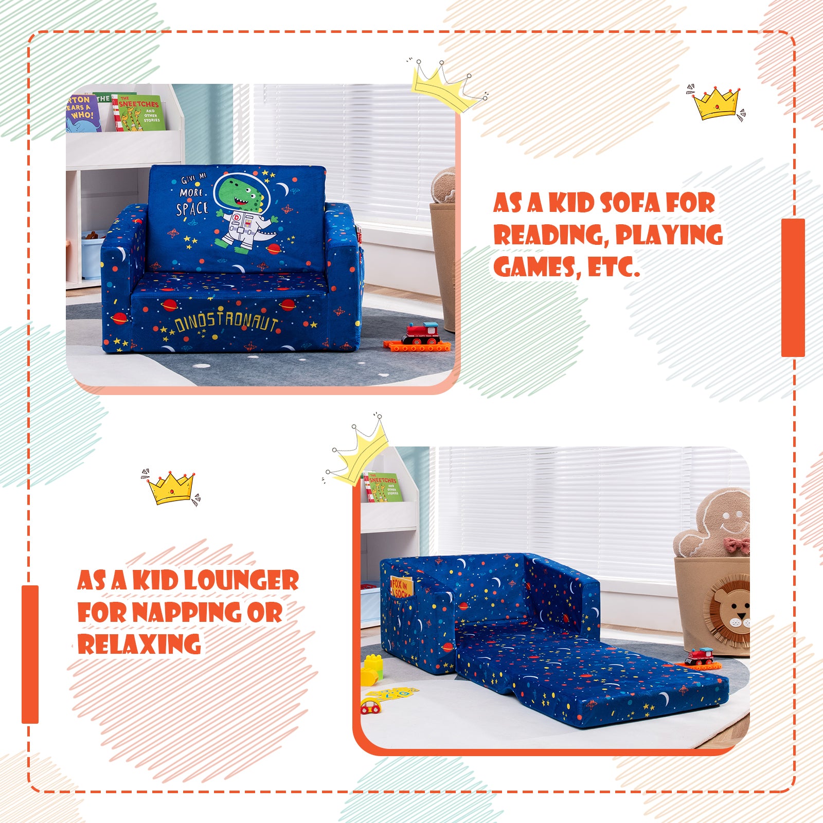 2-in-1 Convertible Kids Sofa with Velvet Fabric, Blue Kids Chairs & Seating at Gallery Canada