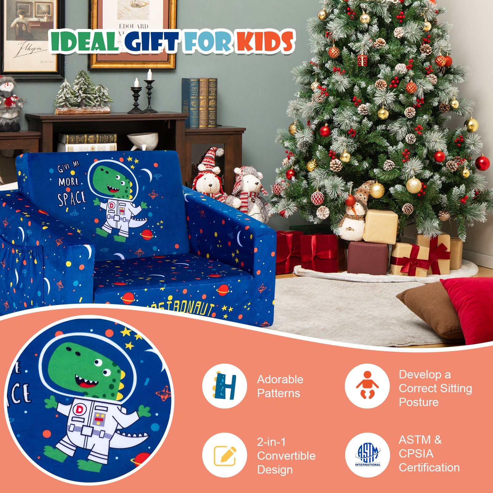 2-in-1 Convertible Kids Sofa with Velvet Fabric, Blue Kids Chairs & Seating at Gallery Canada