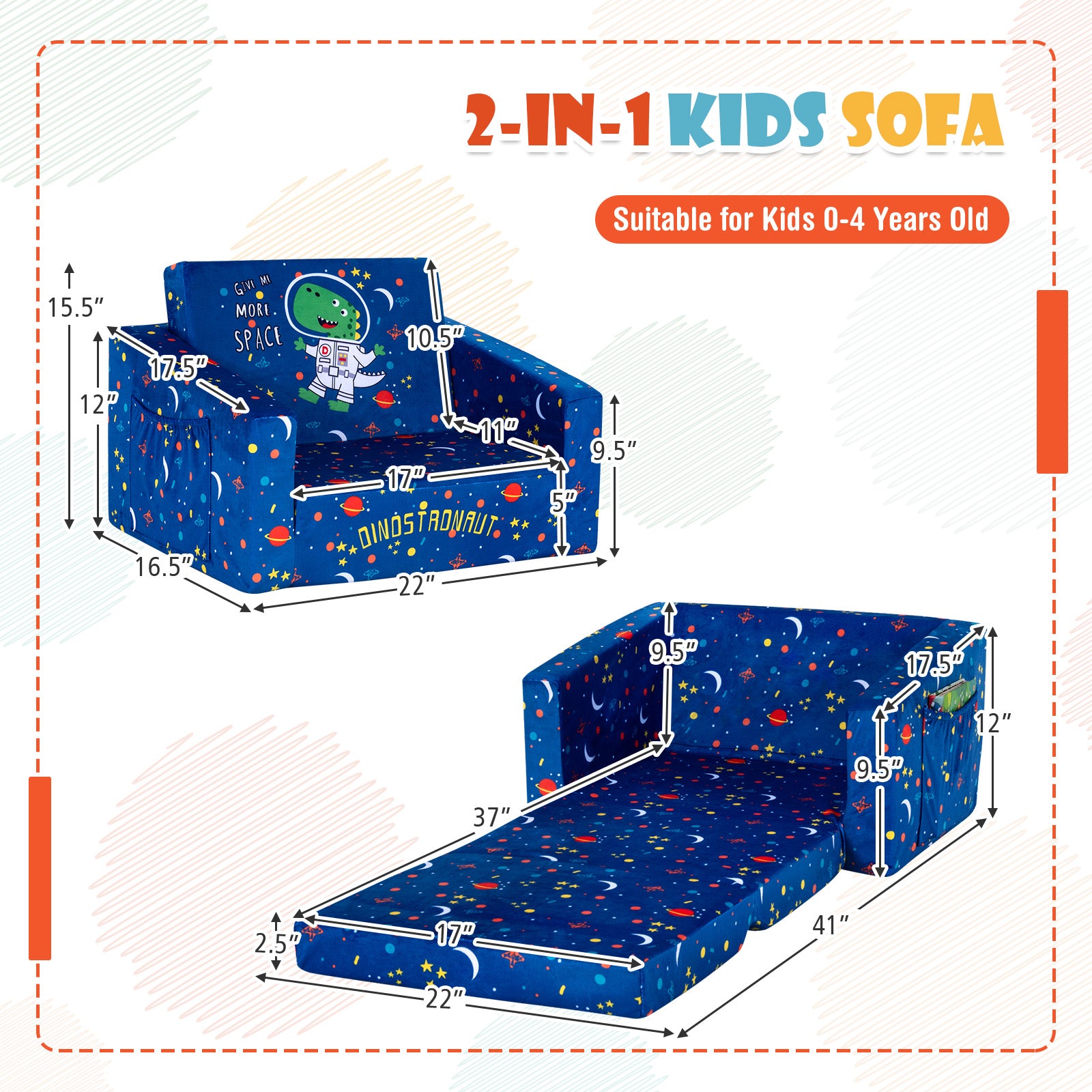 2-in-1 Convertible Kids Sofa with Velvet Fabric, Blue Kids Chairs & Seating at Gallery Canada