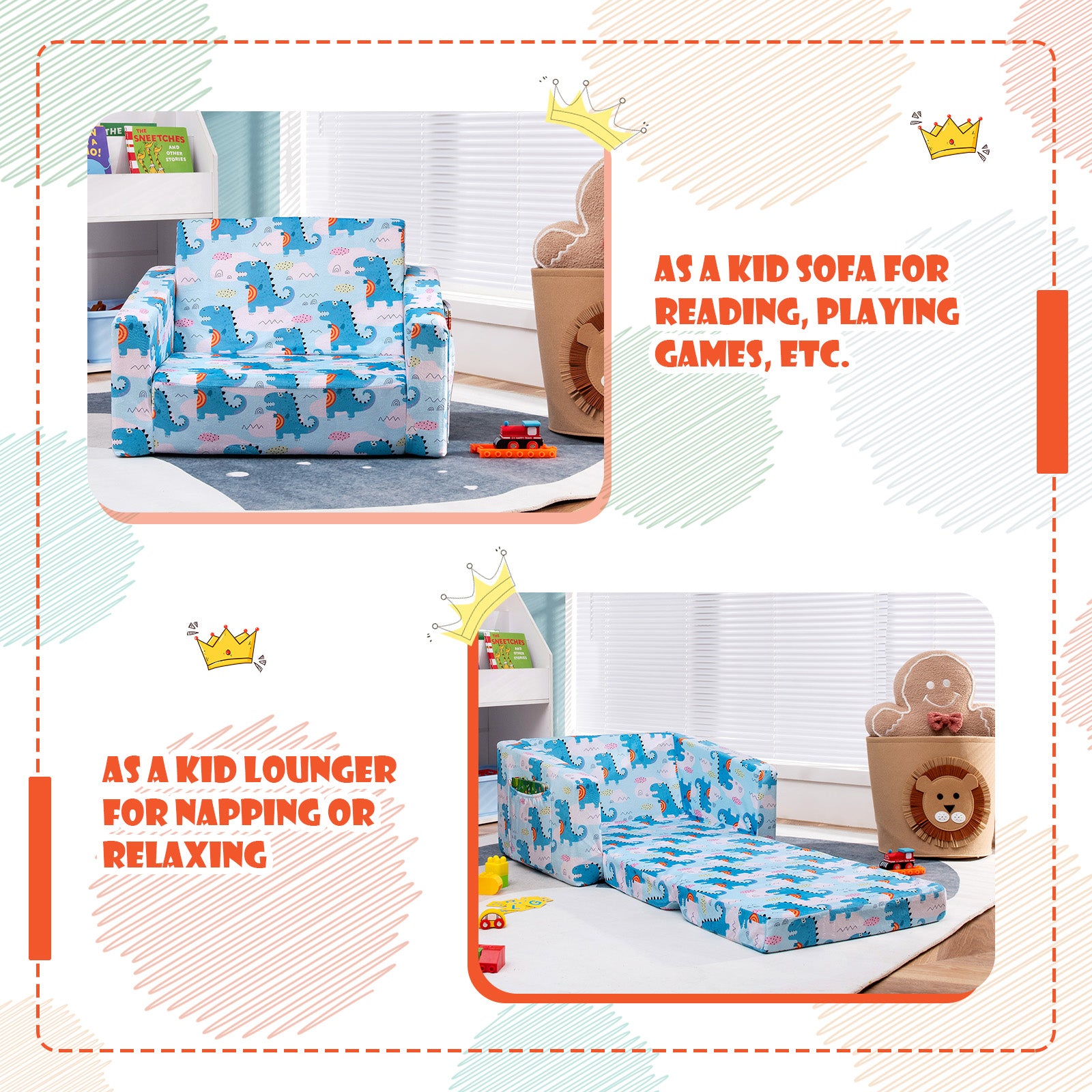 2-in-1 Convertible Kids Sofa with Velvet Fabric, Light Blue Kids Chairs & Seating at Gallery Canada