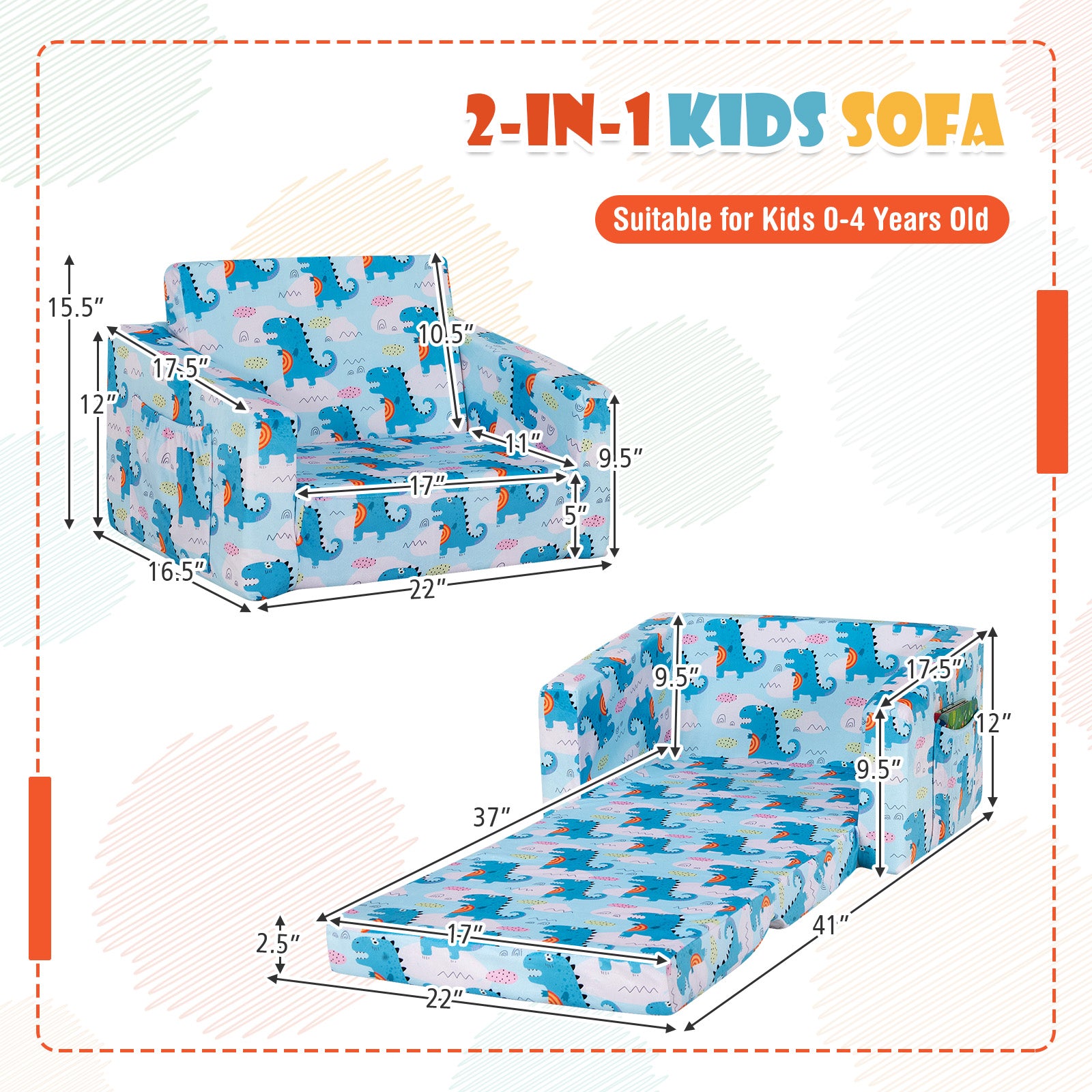 2-in-1 Convertible Kids Sofa with Velvet Fabric, Light Blue Kids Chairs & Seating at Gallery Canada