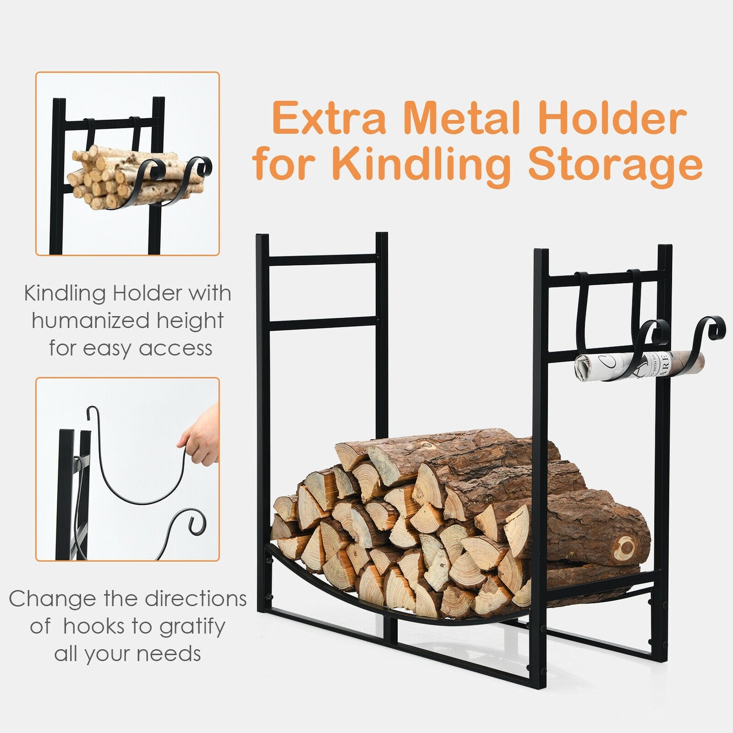 33 Inch Firewood Rack with Removable Kindling Holder Steel Fireplace Wood, Black Log Storage at Gallery Canada