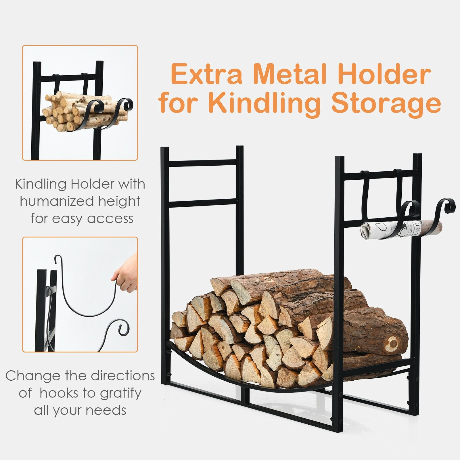 33 Inch Firewood Rack with Removable Kindling Holder Steel Fireplace Wood, Black Log Storage at Gallery Canada