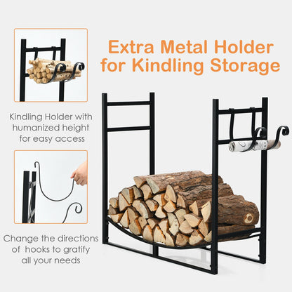 33 Inch Firewood Rack with Removable Kindling Holder Steel Fireplace Wood, Black Log Storage at Gallery Canada