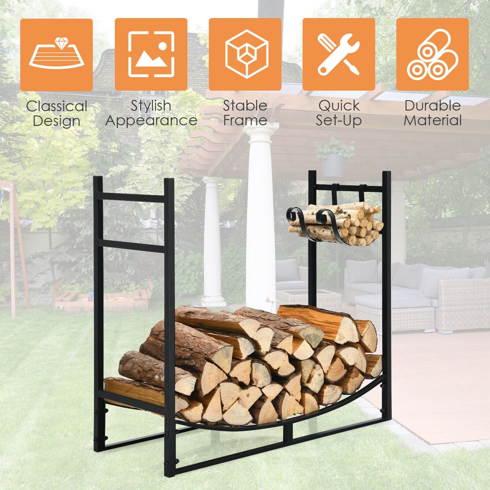 33 Inch Firewood Rack with Removable Kindling Holder Steel Fireplace Wood, Black Log Storage at Gallery Canada