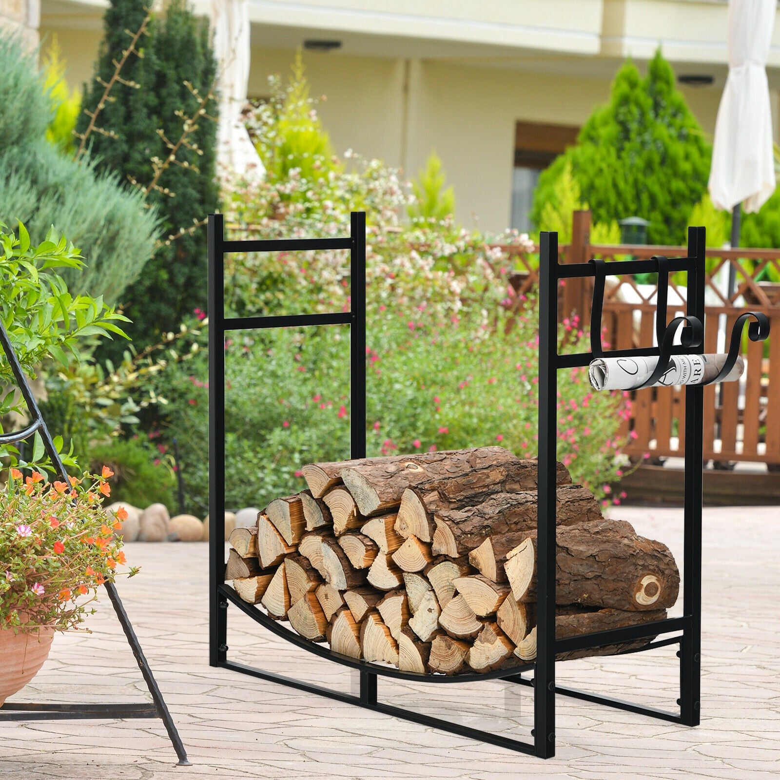 33 Inch Firewood Rack with Removable Kindling Holder Steel Fireplace Wood, Black Log Storage at Gallery Canada