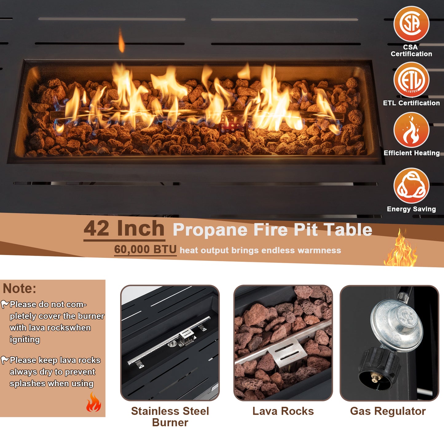 42 Inch 60 000 BTU Rectangular Propane Fire Pit Table with Waterproof Cover Fire Pit Tables at Gallery Canada